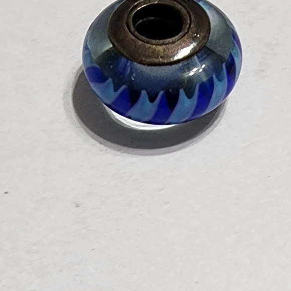 PANDORA Teal-Blue Stripes Murano Glass Sterling Silver Charm - Retired - Picture 6 of 8
